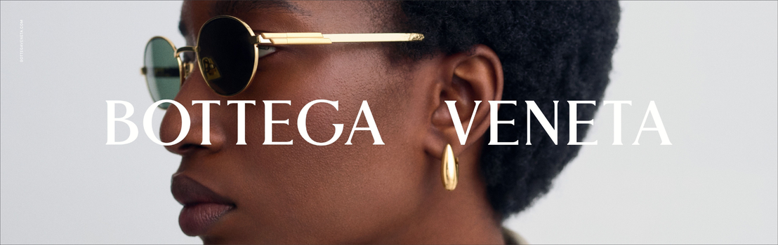Bottega Veneta sunglasses collection banner featuring a model wearing luxury eyewear