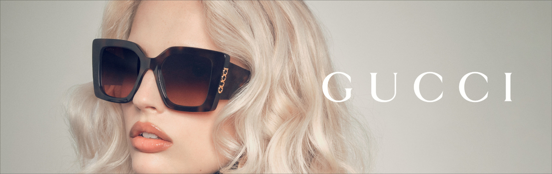 Gucci sunglasses collection banner featuring a model wearing designer eyewear