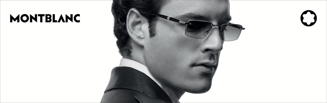 Montblanc sunglasses collection banner featuring a model wearing designer eyewear