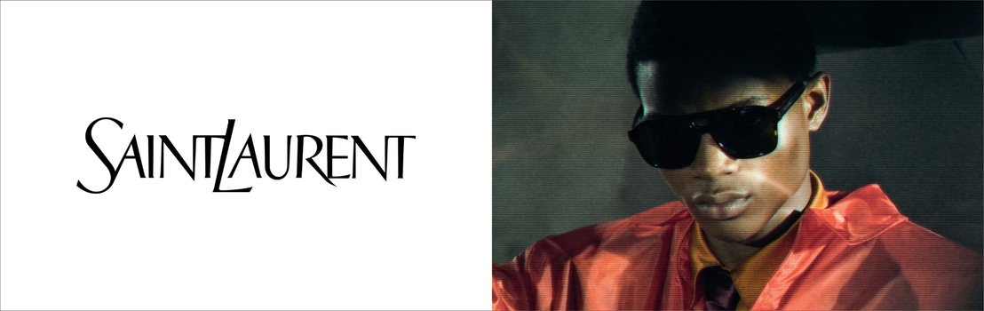 Saint Laurent sunglasses collection banner featuring a model wearing designer eyewear
